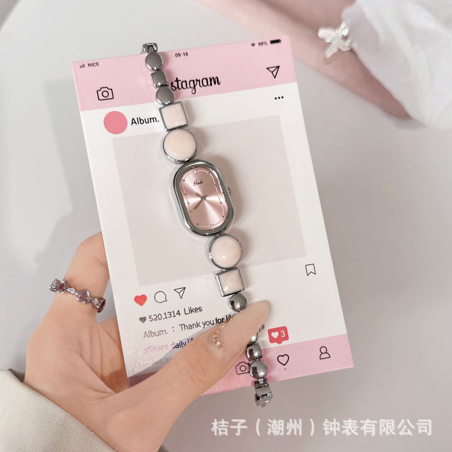 godi pink watch collection quartz waterproof ins style light luxury metallic belt design sense peach high sense simple Specification drawing