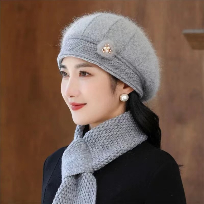 middle-aged and elderly mother rabbit fur knitted hat women's autumn and winter fashion all-matching fleece-lined warm beret woolen cap Specification drawing