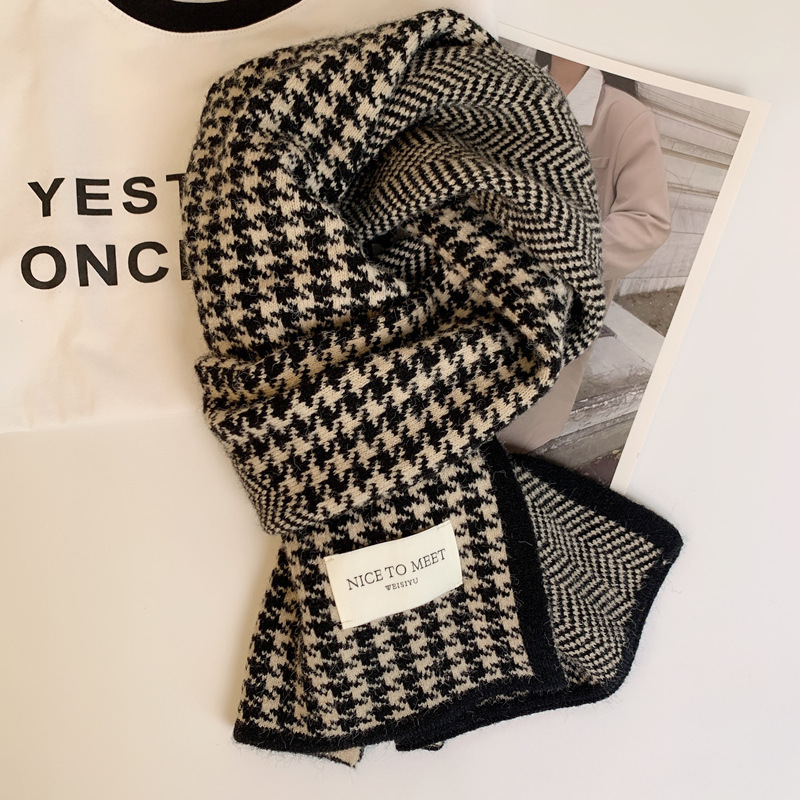 new korean classic houndstooth double-sided scarf autumn and winter thermal knitting scarf all-matching couple trend wholesale full figure