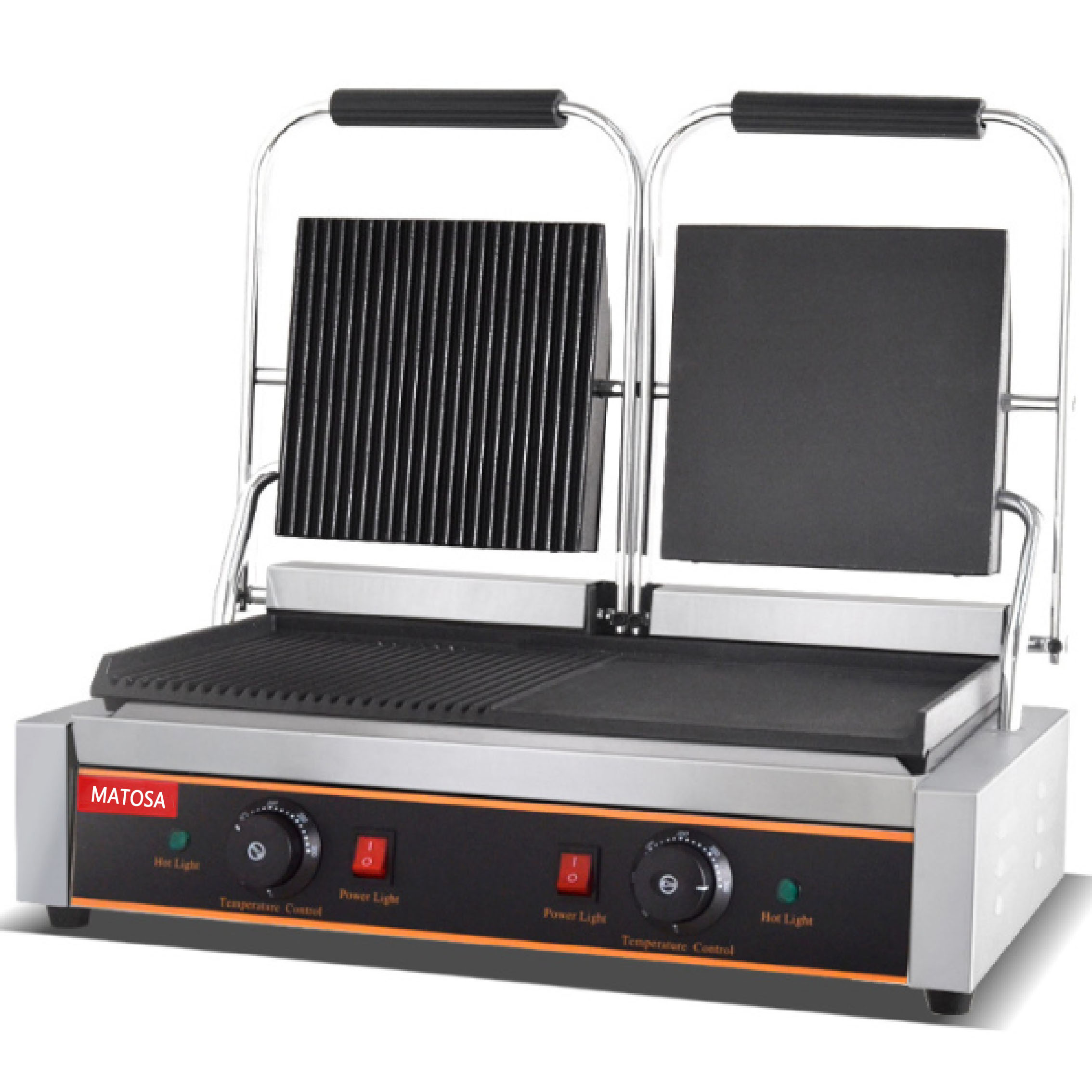 Double-pressure plate electric grill FY-813B commercial semi-pit and semi-flat electric grill, iron plate squid, grilled beef and chicken fillets Application Scenario