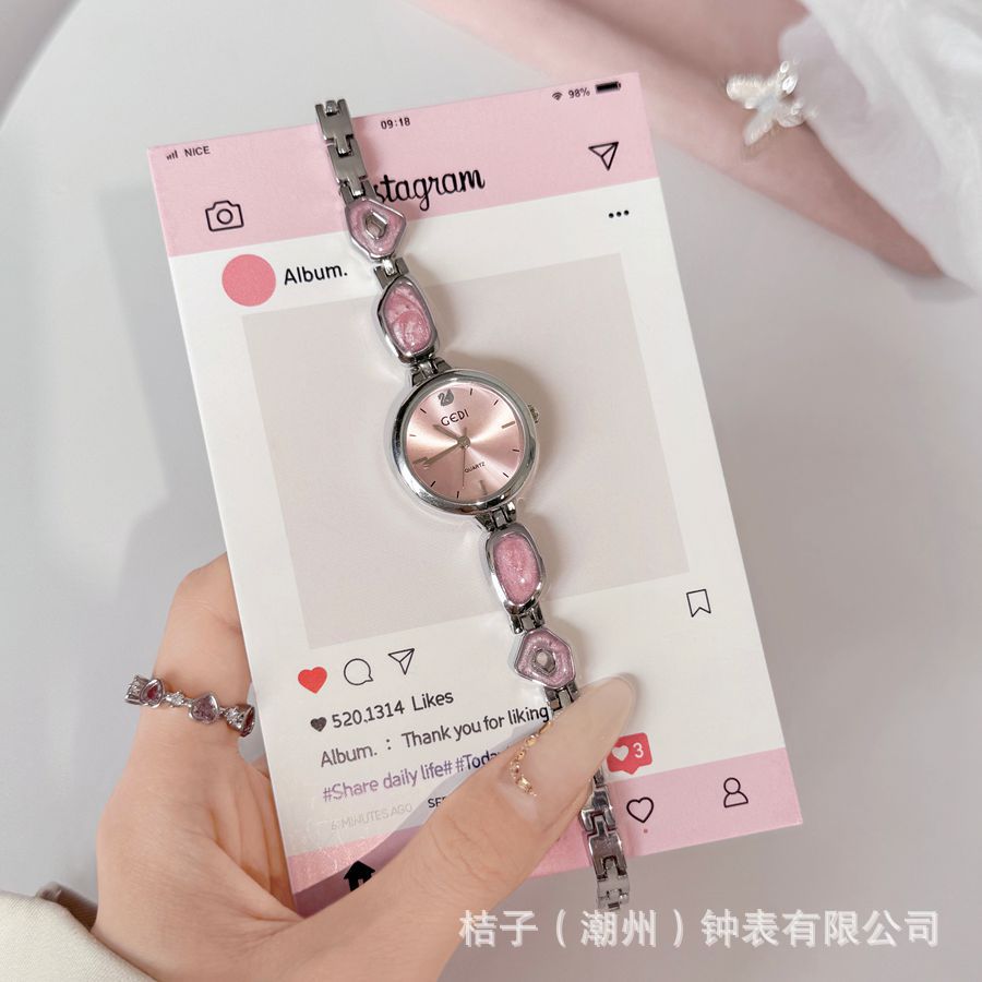 godi pink watch collection quartz waterproof ins style light luxury metallic belt design sense peach high sense simple full figure