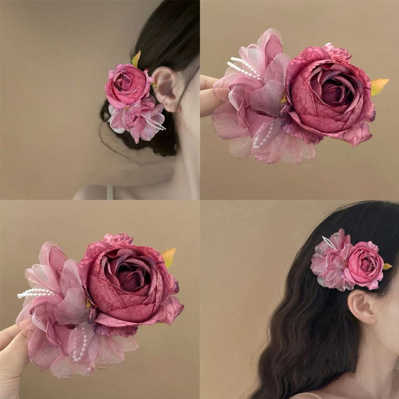 new chinese gentle pink flower barrettes retro updo bun wearing flower clip atmosphere sense photo hairware Application Scenario