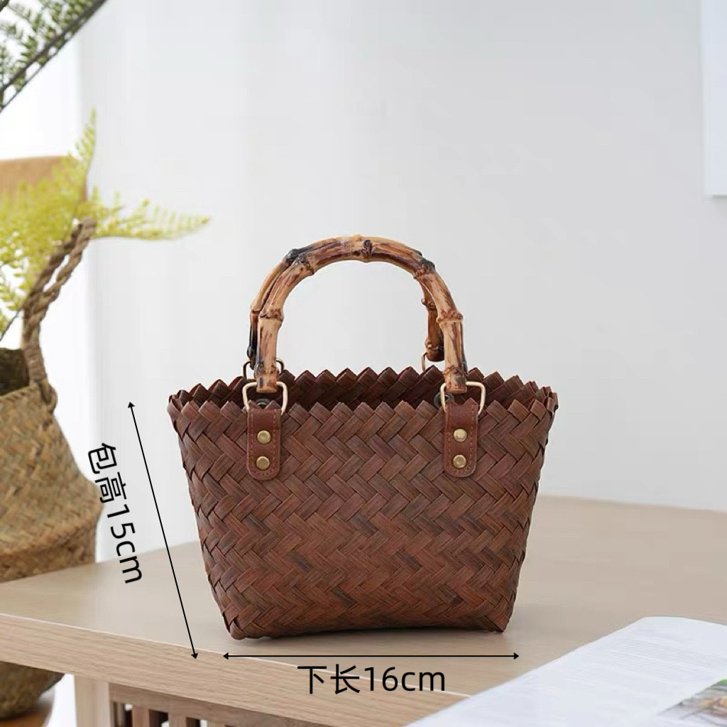 rattan-like handbag straw woven bag bamboo handle bag retro handmade woven bag fashion all-match portable shoulder bag details Picture