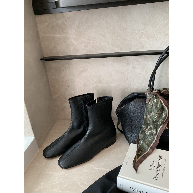 sheepskin version grape ma same style height increasing insole 3cm side zipper thin boots stretch boots female flat bottom retro ankle boots Item Picture