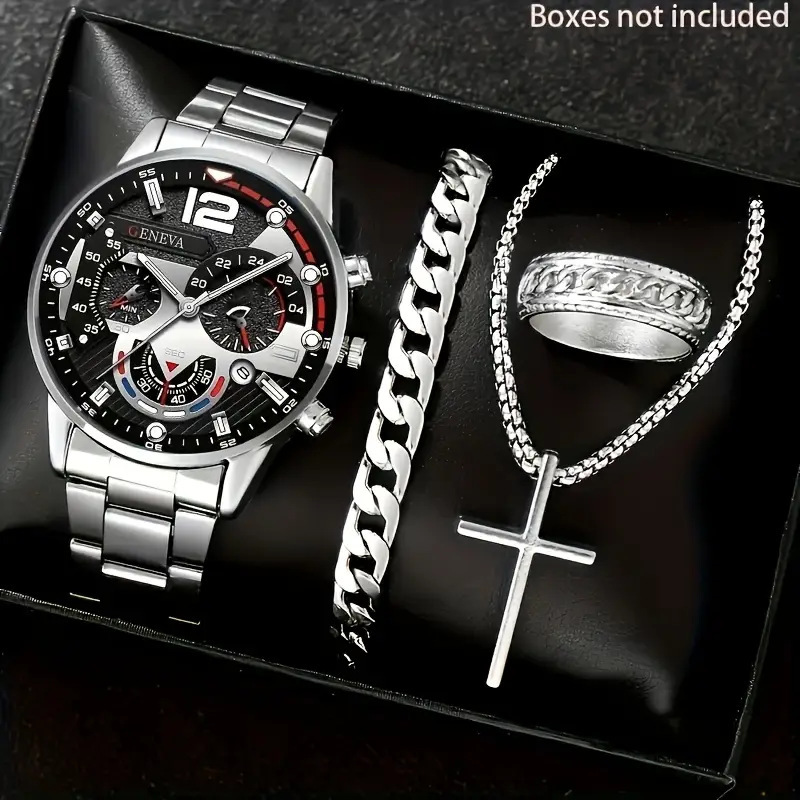 factory direct sales watch set men's high-grade glass quartz watch men's steel strap watch one piece dropshipping Item Picture