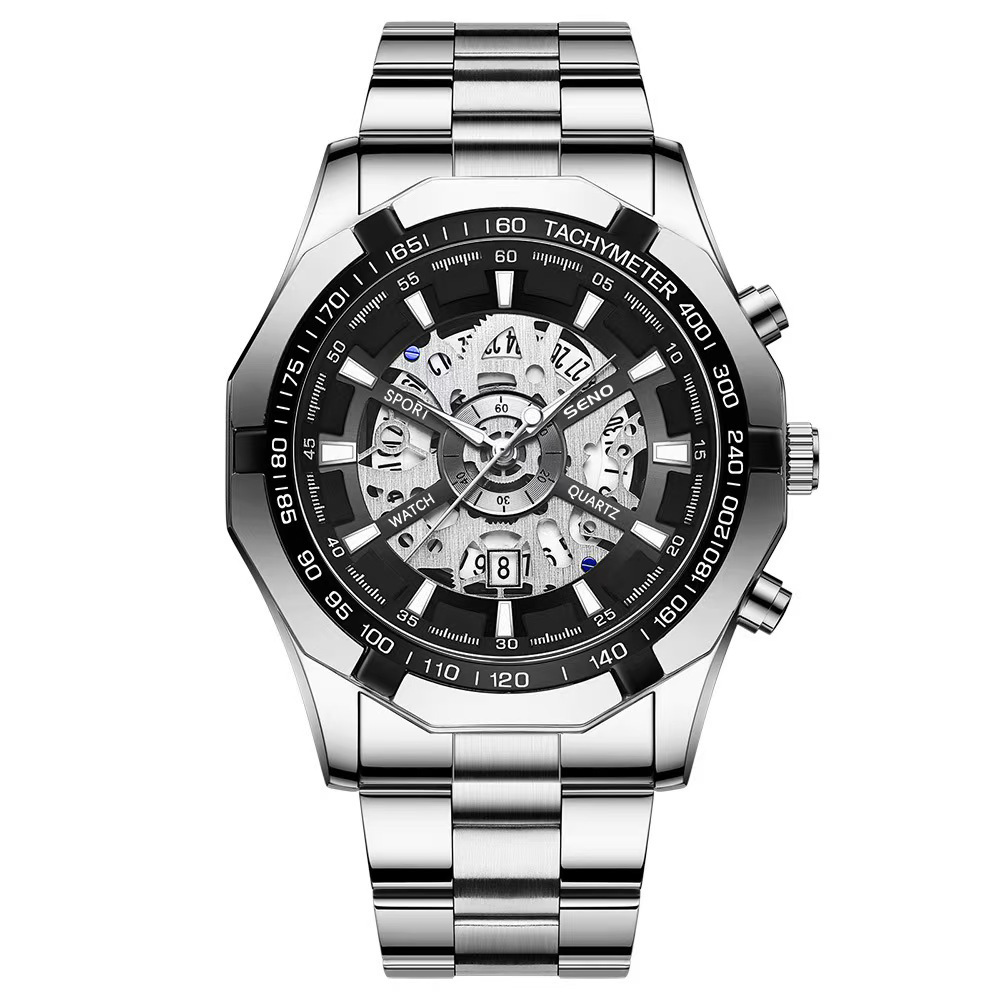 one piece dropshipping seno quartz watch black watch round hollow steel strap watch watch men's watch details Picture
