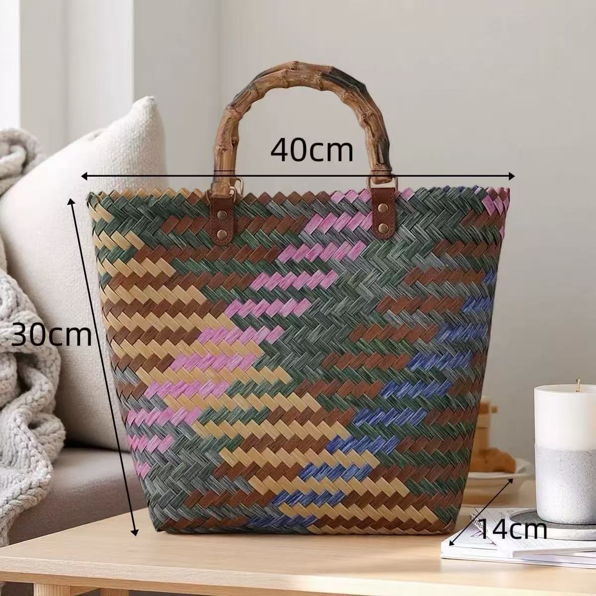 rattan-like handbag straw woven bag bamboo handle bag retro handmade woven bag fashion all-match portable shoulder bag Item Picture
