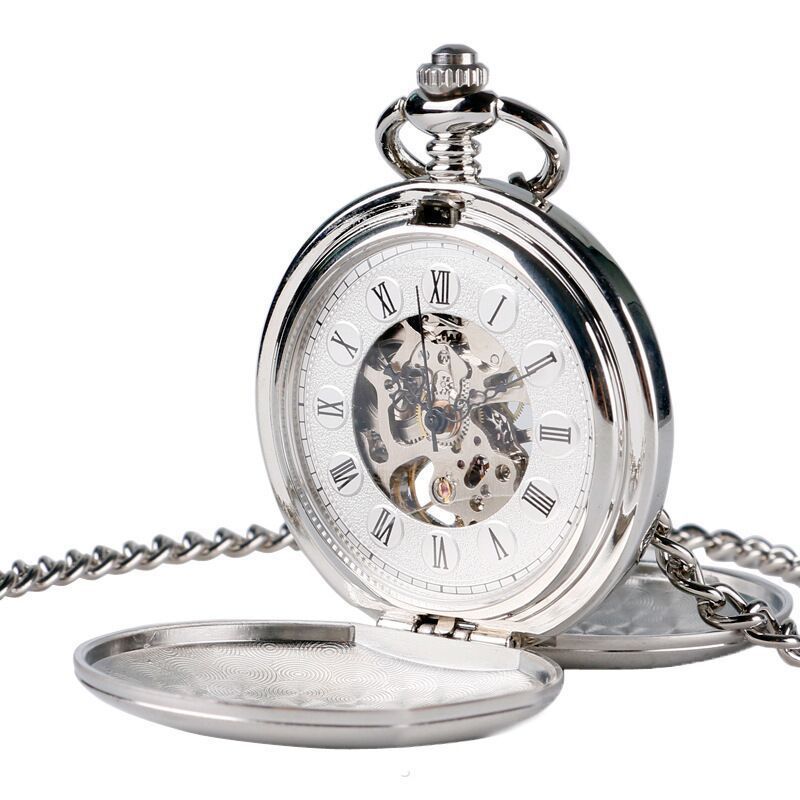 metal white polished double open cover mechanical pocket watch retro glossy student gift commemorative pocket watch Item Picture