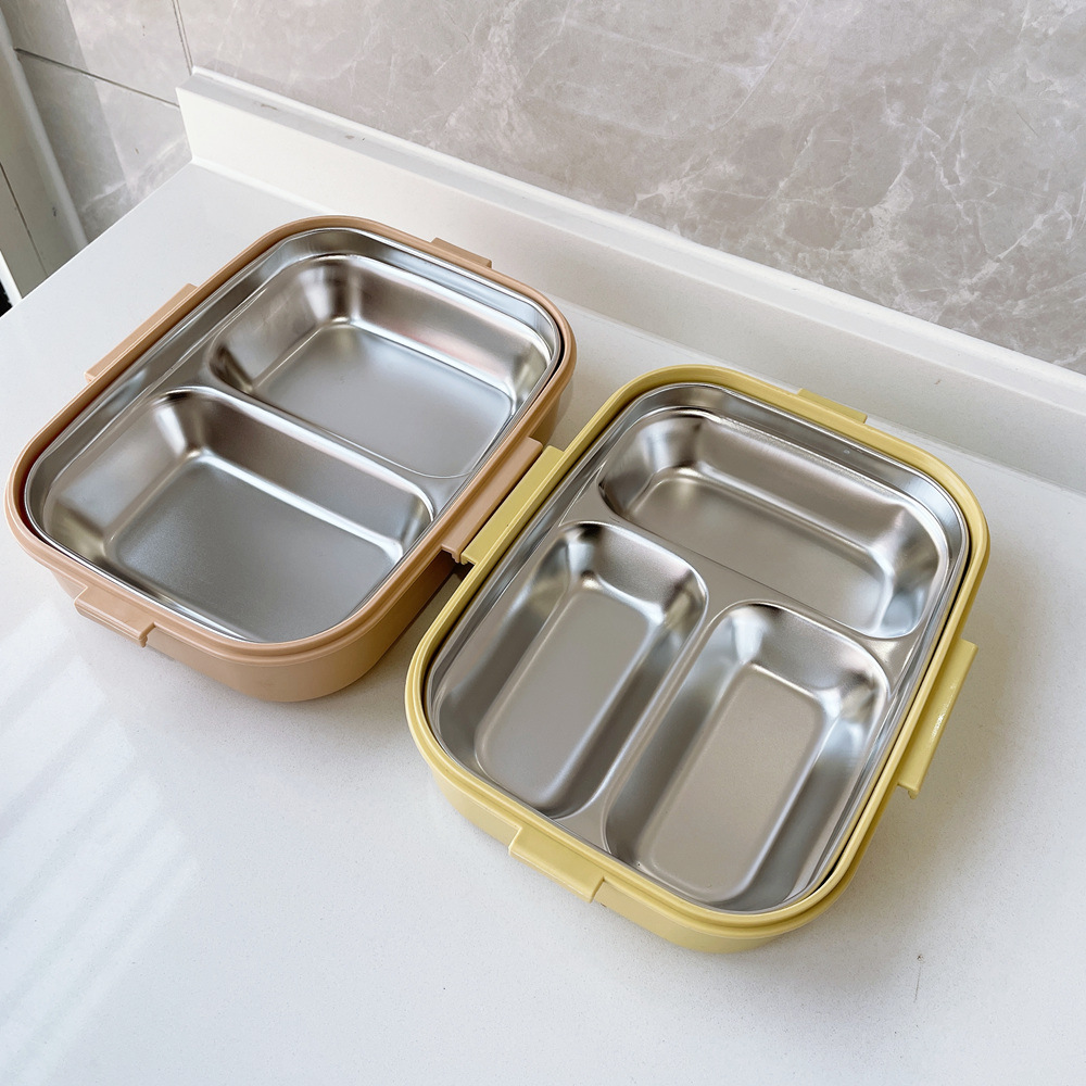 three grid stainless steel lunch box with cutlery bento box heating insulation student lunch box japanese foreign trade one piece dropshipping Specification drawing