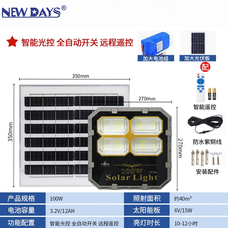 NEWDAYS品牌新款跨境LED压铸铝系列太阳能投光灯私模户外庭院照明灯露营灯应急灯环保太阳能路灯IP66防水