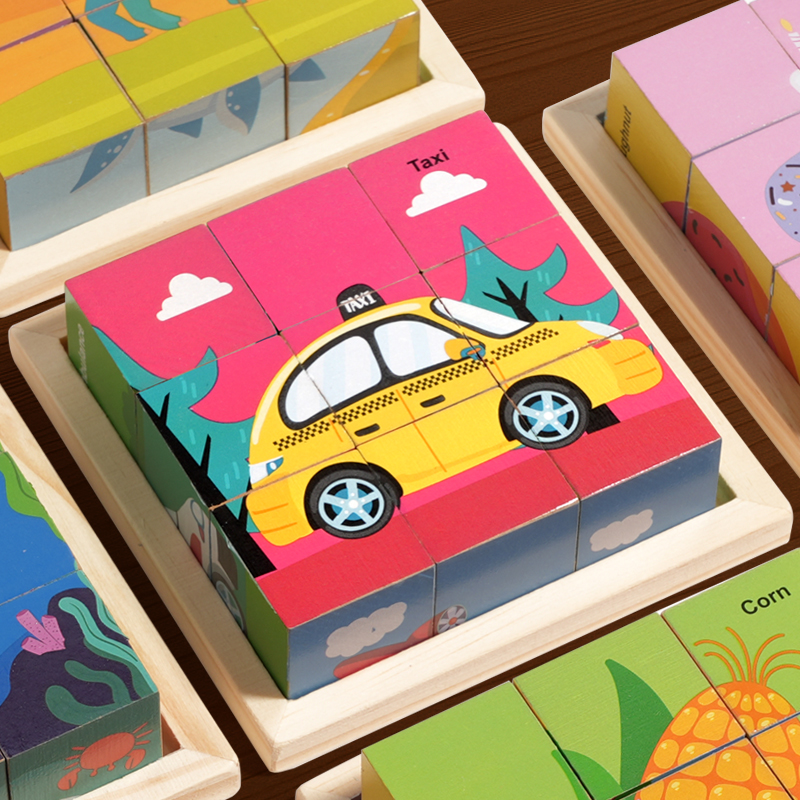 Wooden six-sided painting, children's six-in-one three-dimensional building block puzzle, forest animals, traffic, dinosaurs, fruits and vegetables, engineering vehicles, traffic cognition building block toys details Picture