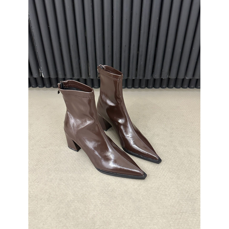 sheepskin style french pointed elastic high-heel boots women's back zipper temperament black short boots chunky heel fashion ankle boots women's full figure