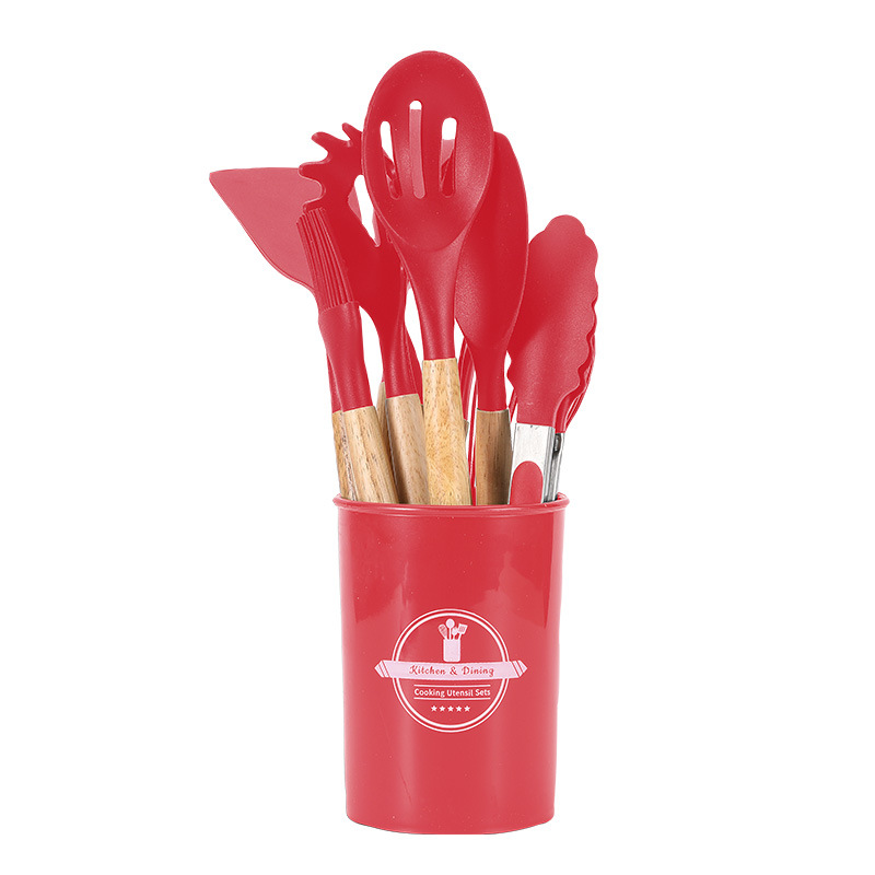 cross-border silicone kitchenware 12-piece set kitchen non-stick pan cooking spatula blackhead removal peeling wooden handle barrel kitchen tools suit Item Picture