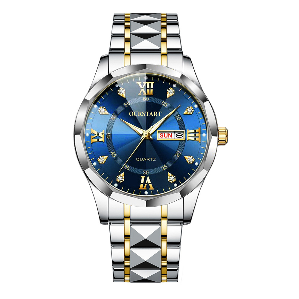 casual temperament double calendar room gold men's watch diamond luminous rivet live quartz steel watch men's watch details Picture