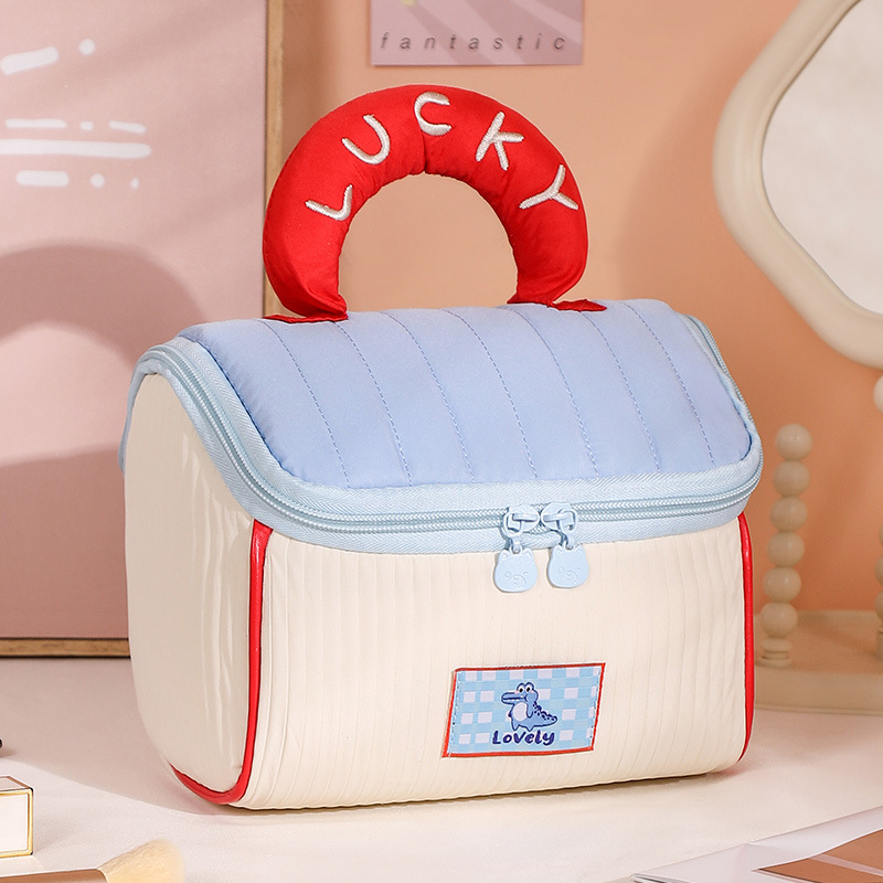 hand gift flannel large capacity cute small house contrast color cosmetic bag portable waterproof travel toiletries storage bag details Picture