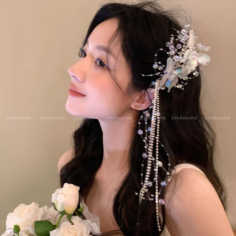 new butterfly tassel pearl barrettes women's bridal wedding dress headdress fairy beautiful crystal hair accessories photo taking accessories full figure