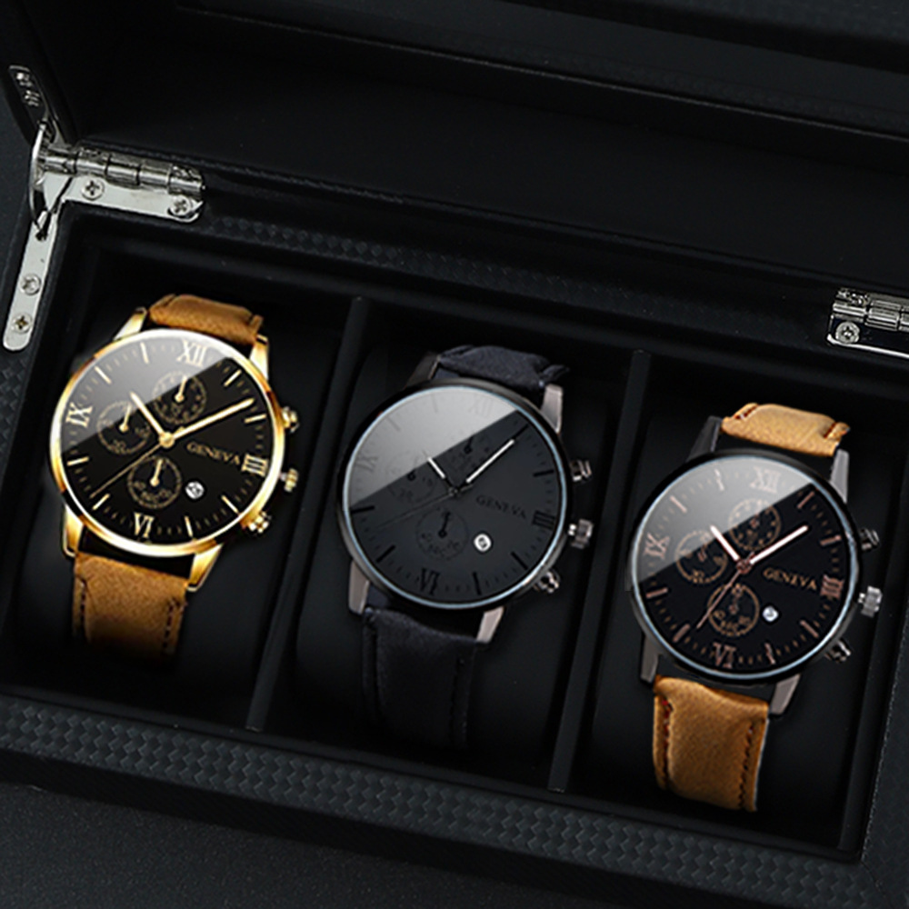 4-piece men's watch set, 2-piece steel belt quartz watch +2-piece belt quartz watch. full figure