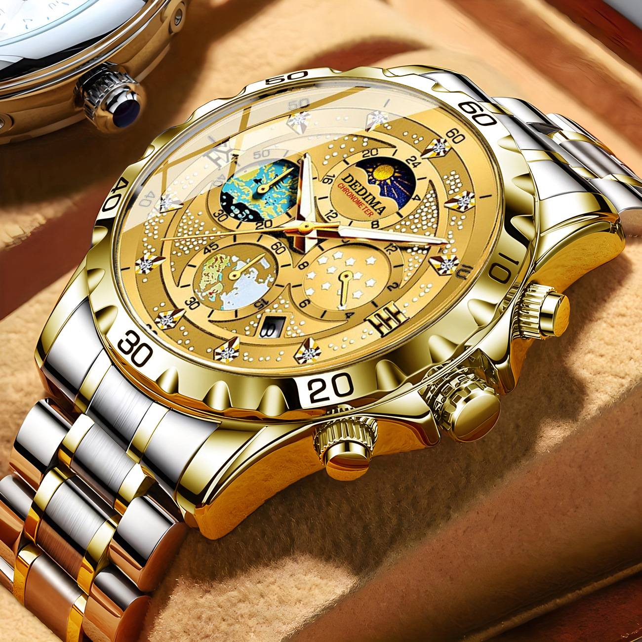 high-end fashion men's four-eye six-pin multi-functional sports luminous sun moon star 24-hour chronograph function watch Specification drawing