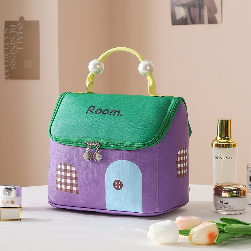 house cosmetic bag travel leather storage bag pu waterproof partition wash bag cute pearl cottage buggy bag details Picture