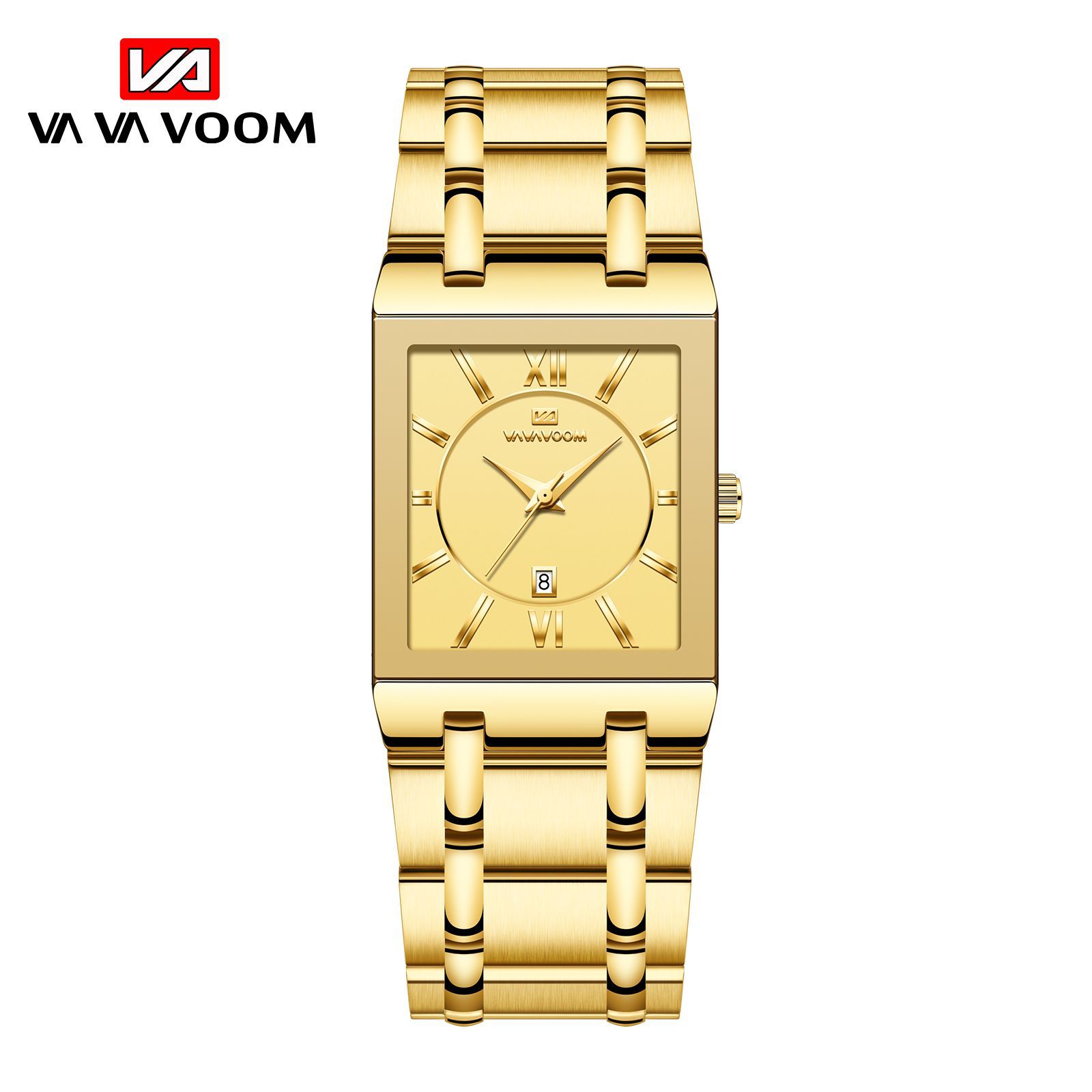 rectangular cross-border stainless steel men's steel strap watch golden business calendar quartz waterproof watch wholesale large dial details Picture