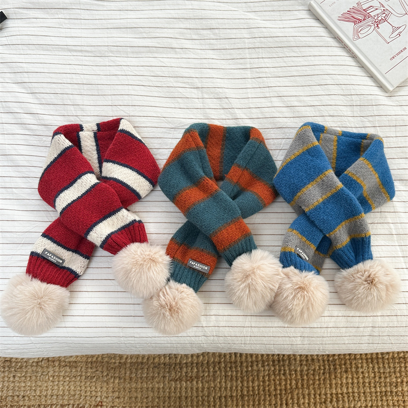 儿童可爱毛球百搭针织围巾男童女童秋冬保暖防风护脖洋气条纹围脖