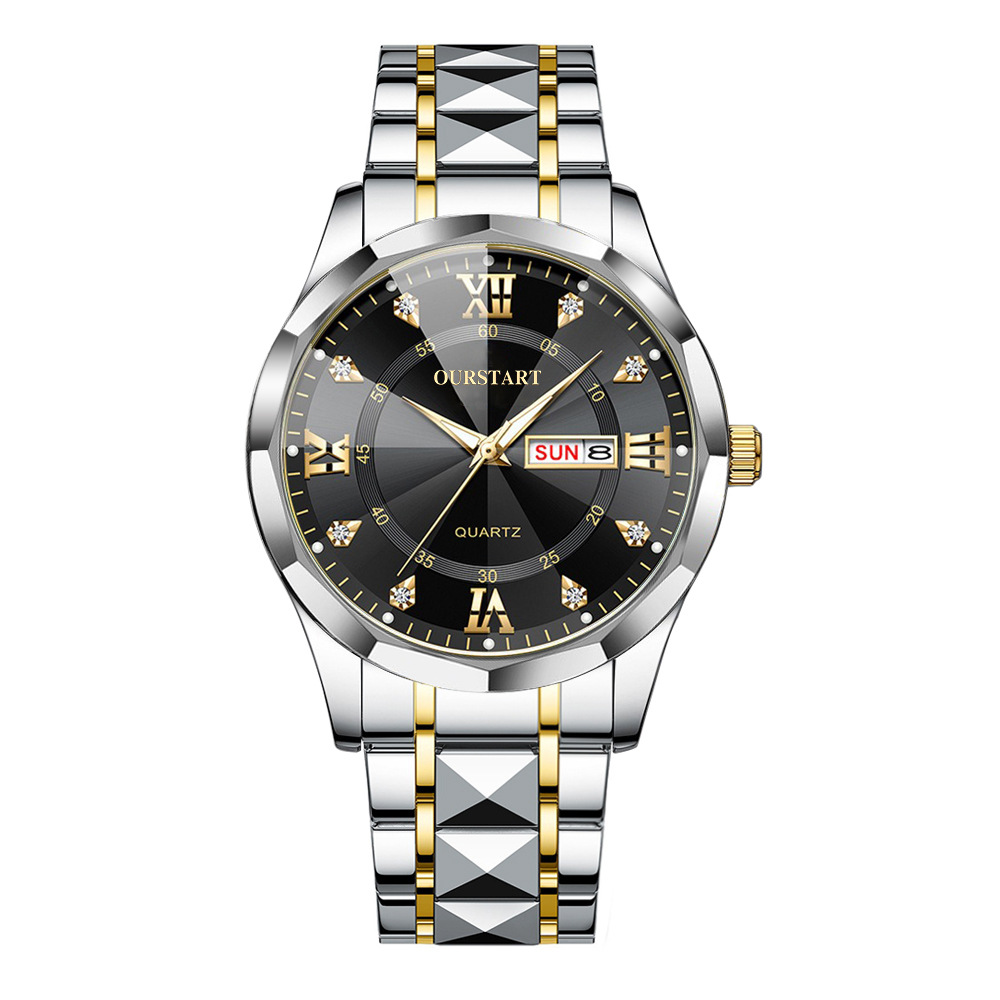 casual temperament double calendar room gold men's watch diamond luminous rivet live quartz steel watch men's watch Specification drawing