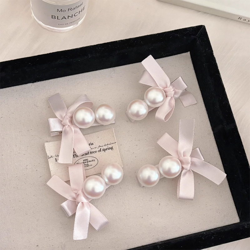 girlish style bow pearl barrettes korean style younger bangs side clip cropped hair clip barrettes headdress exquisite fashion clip details Picture