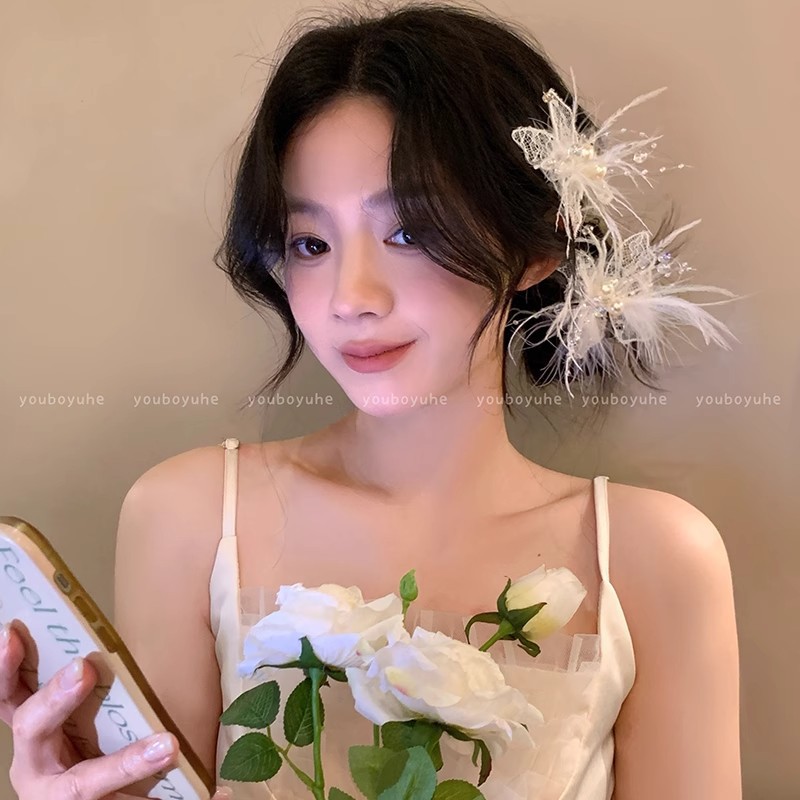 new butterfly tassel pearl barrettes women's bridal wedding dress headdress fairy beautiful crystal hair accessories photo taking accessories details Picture