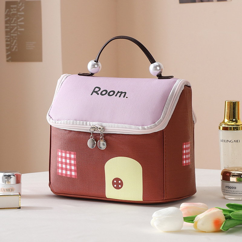 house cosmetic bag travel leather storage bag pu waterproof partition wash bag cute pearl cottage buggy bag full figure