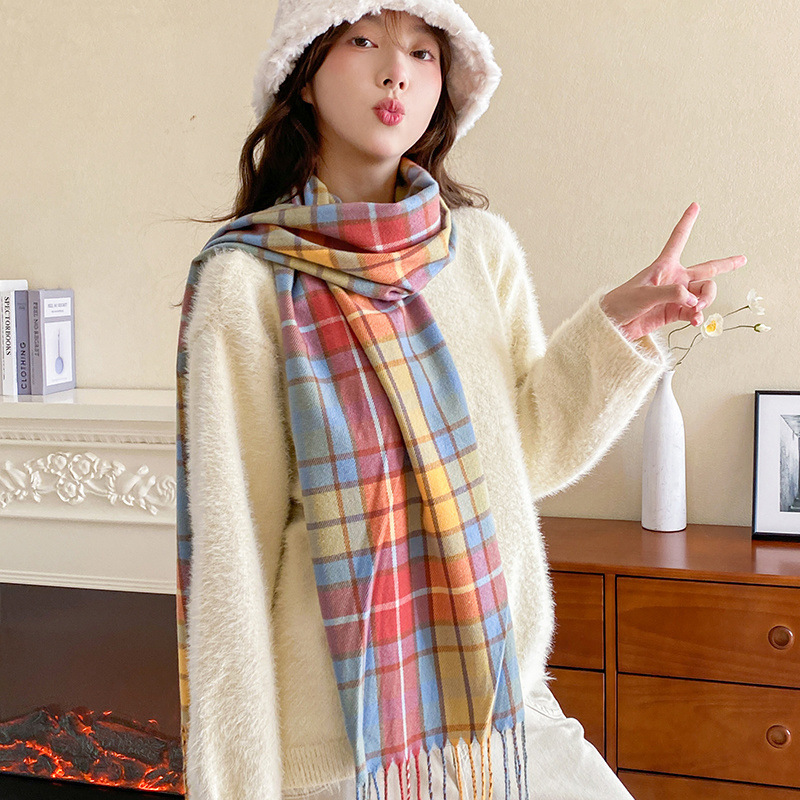 women's scarf autumn and winter korean style cashmere-like versatile lattice shawl student white good-looking warm couple scarf Specification drawing