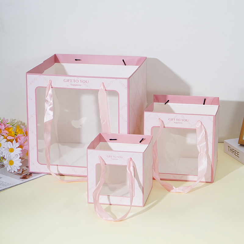 internet celebrity square flower handbag korean bouquet gift bag valentine's day bouquet window paper bag Specification drawing