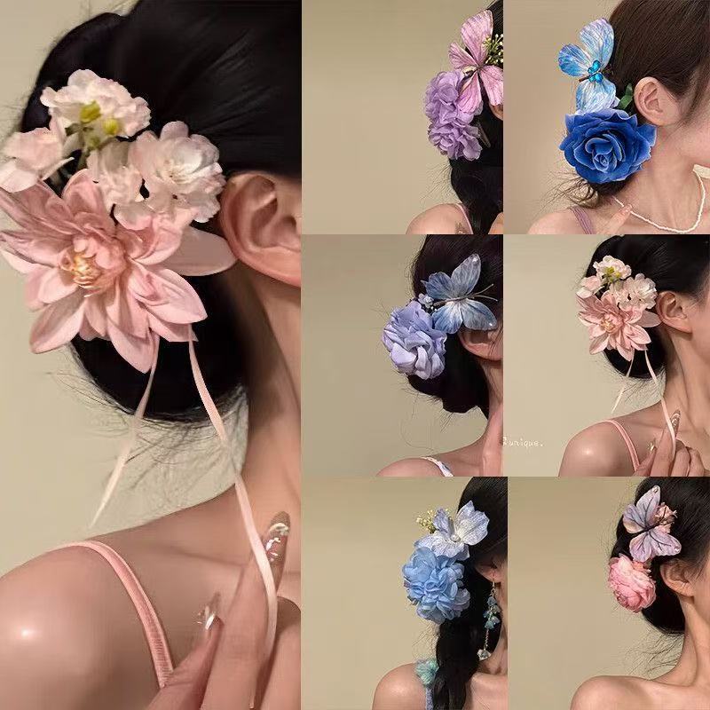 new chinese gentle pink flower barrettes retro updo bun wearing flower clip atmosphere sense photo hairware details Picture