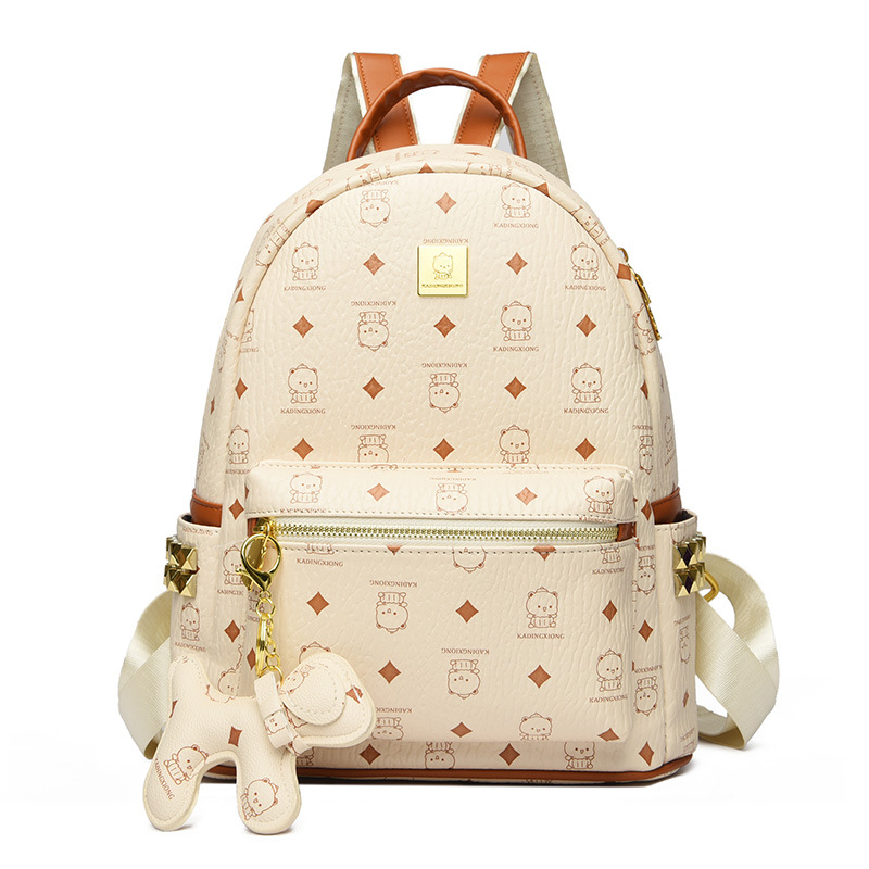 fashion brand m bear studded backpack korean style fashionable style printed rhombus plaid backpack women's bag with pendant high quality leather schoolbag full figure