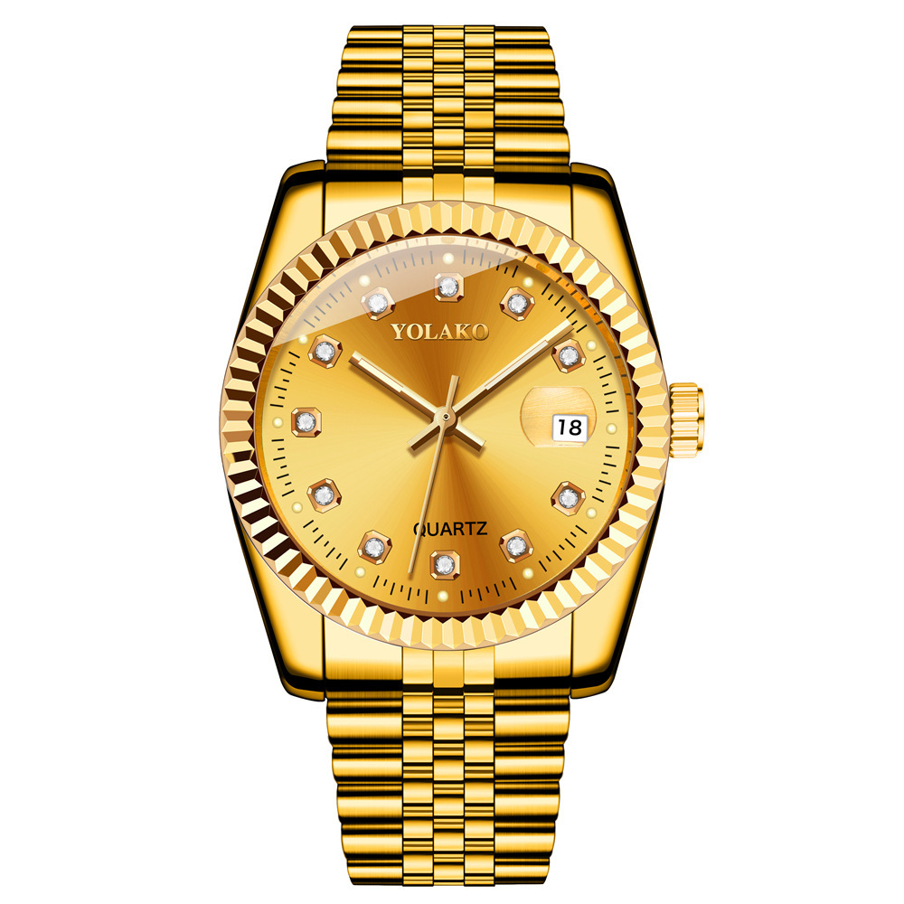 diamond surface steel belt calendar watch women's simple casual student fashion quartz golden suit men's watch couple details Picture
