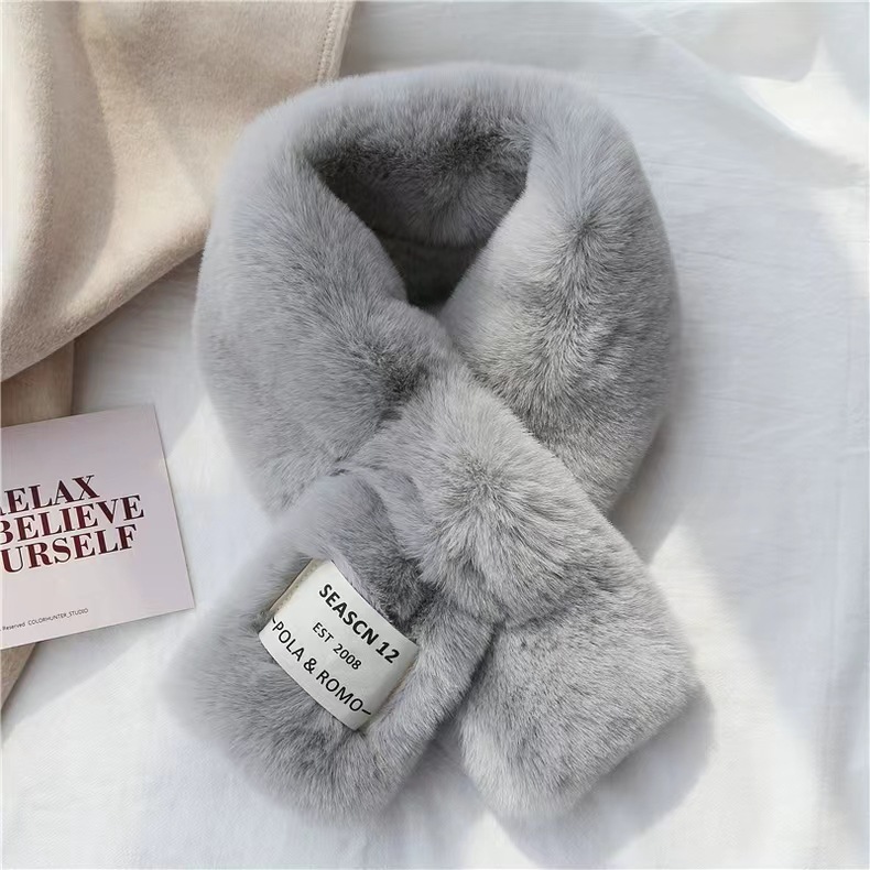 autumn and winter scarf plush korean style thickened solid color fur scarf warm imitate rex rabbit fur cross fur collar scarf details Picture