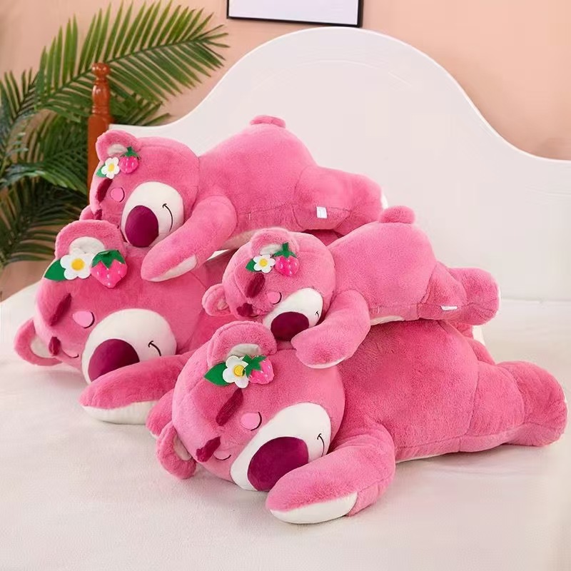 cute lying strawberry bear plush doll cute cartoon bebear sleeping doll large pillow holiday gift Specification drawing