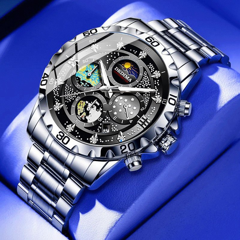 high-end fashion men's four-eye six-pin multi-functional sports luminous sun moon star 24-hour chronograph function watch full figure