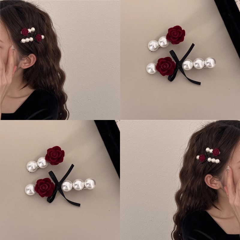 french style vintage pearl rose barrettes velvet side fringe bobby pin back head broken hair duckbill clip hairpin full figure