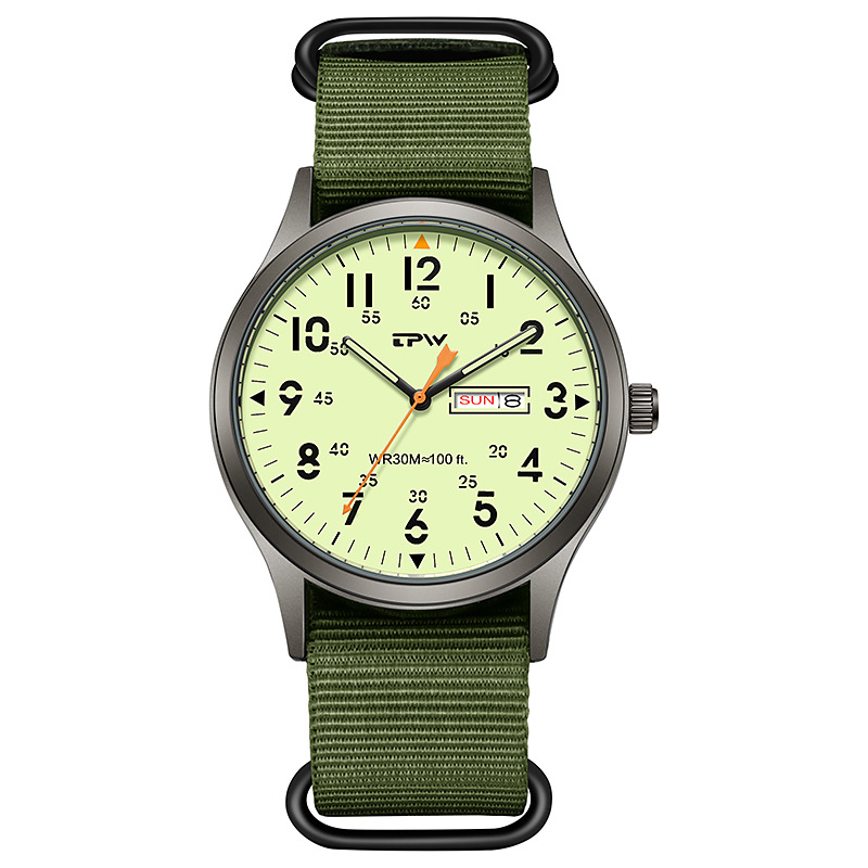 best-selling leisure woven nylon strap men's watch outdoor sports full luminous double calendar army style watch wrist watch wholesale Specification drawing