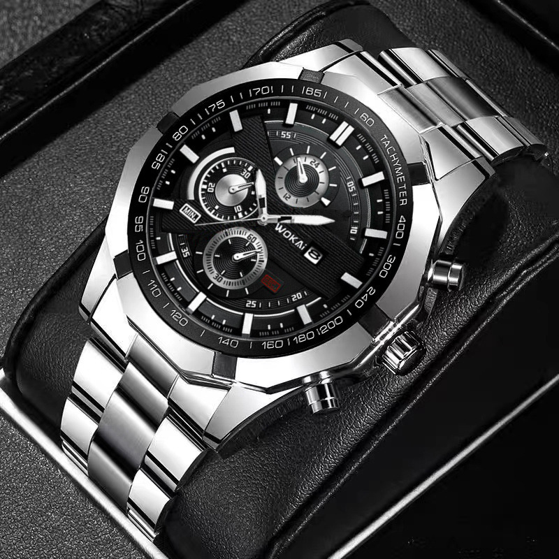 exclusive for cross-border glass quartz watch high sense fake three eyes and six needles nordic minimalism steel timepiece light luxury men's watch Specification drawing