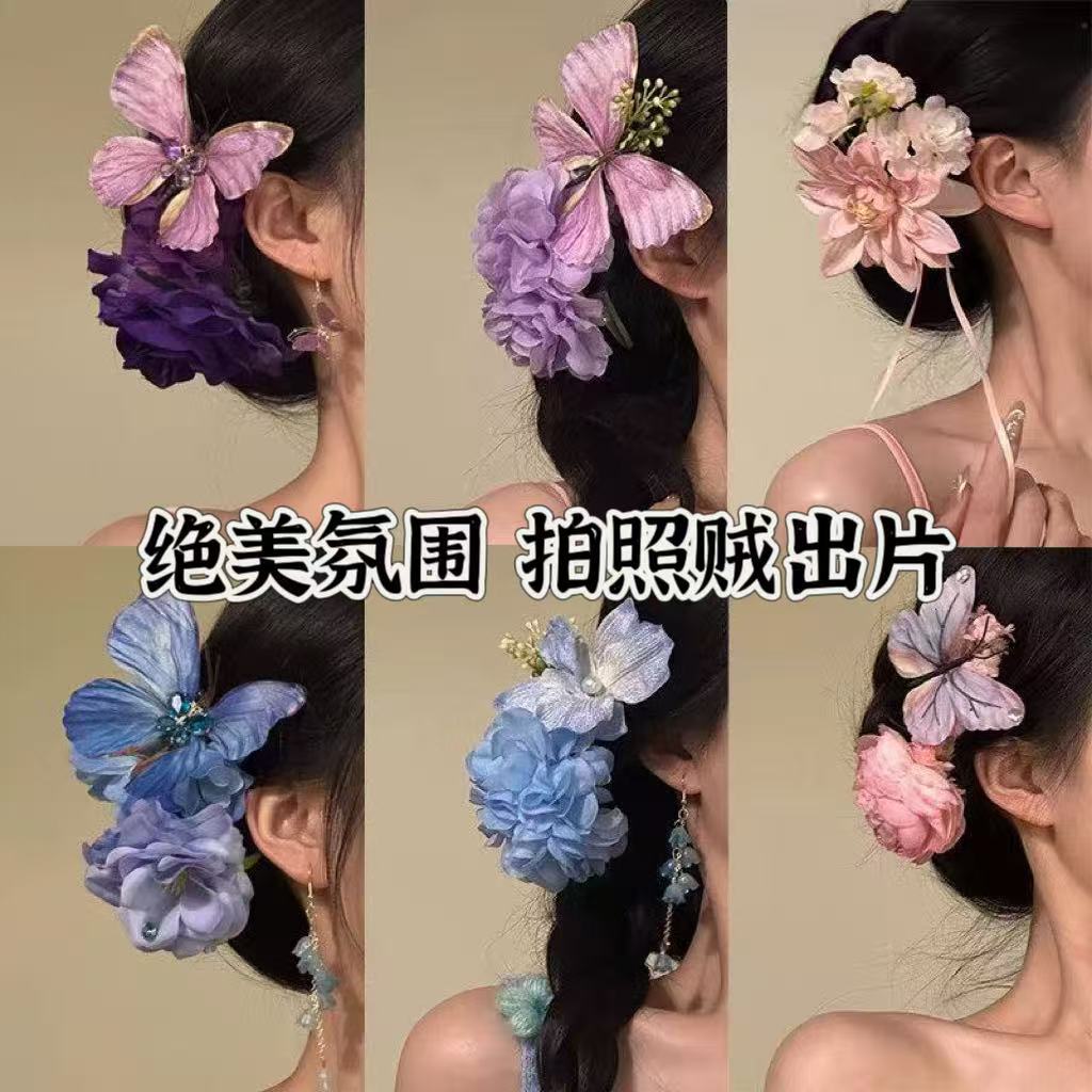 new chinese gentle pink flower barrettes retro updo bun wearing flower clip atmosphere sense photo hairware full figure
