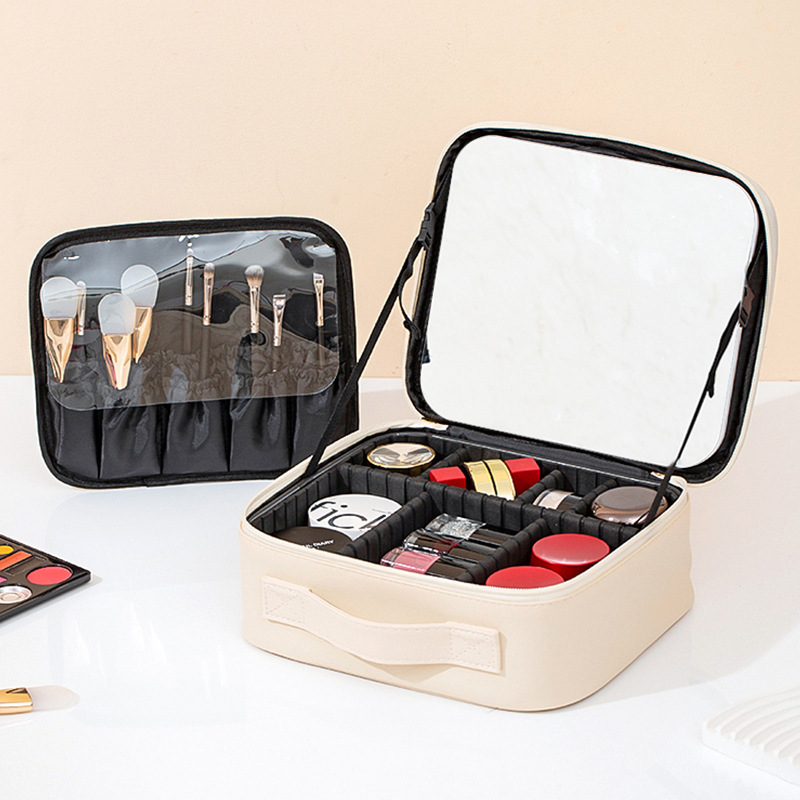 advanced led travel with mirror cosmetic bag women's portable large capacity makeup brush box portable partition beauty bag Item Picture