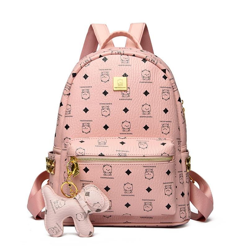 fashion brand m bear studded backpack korean style fashionable style printed rhombus plaid backpack women's bag with pendant high quality leather schoolbag details Picture