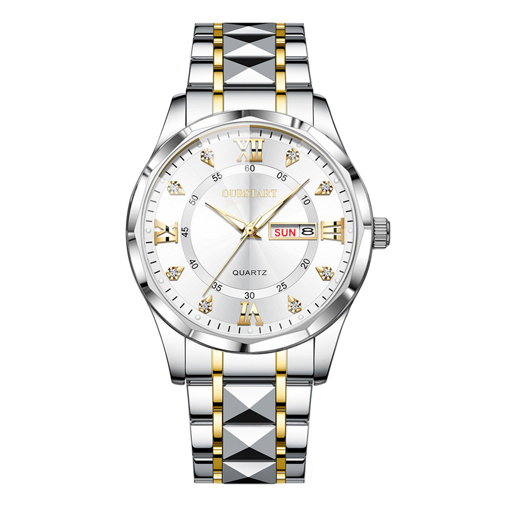 new arrival hot sale luminous waterproof watch men's high-grade wholesale double calendar simple steel belt quartz men's watch Item Picture