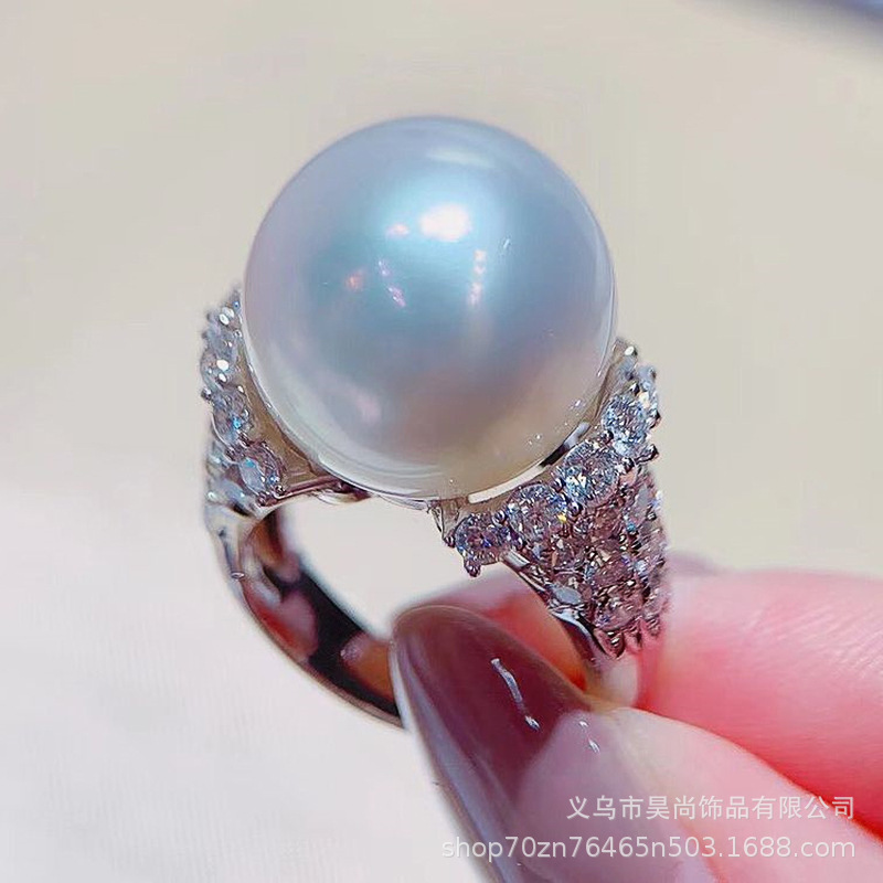 korean style popular jewelry fashion large pearl full diamond luxury inlaid zircon temperament entry lux ring closed pearl ring full figure