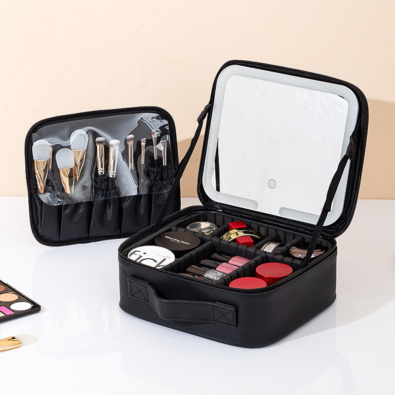 advanced led travel with mirror cosmetic bag women's portable large capacity makeup brush box portable partition beauty bag full figure