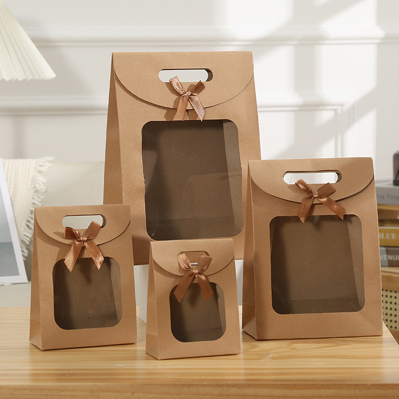 window transparent handbag bow flip gift bag simple and high-end kraft paper bag spot hand bag full figure