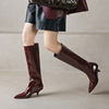 clobber queen simple below the knee long boots female stiletto pointed toe full cowhide slip-on mid heel high tube stylish boots full figure