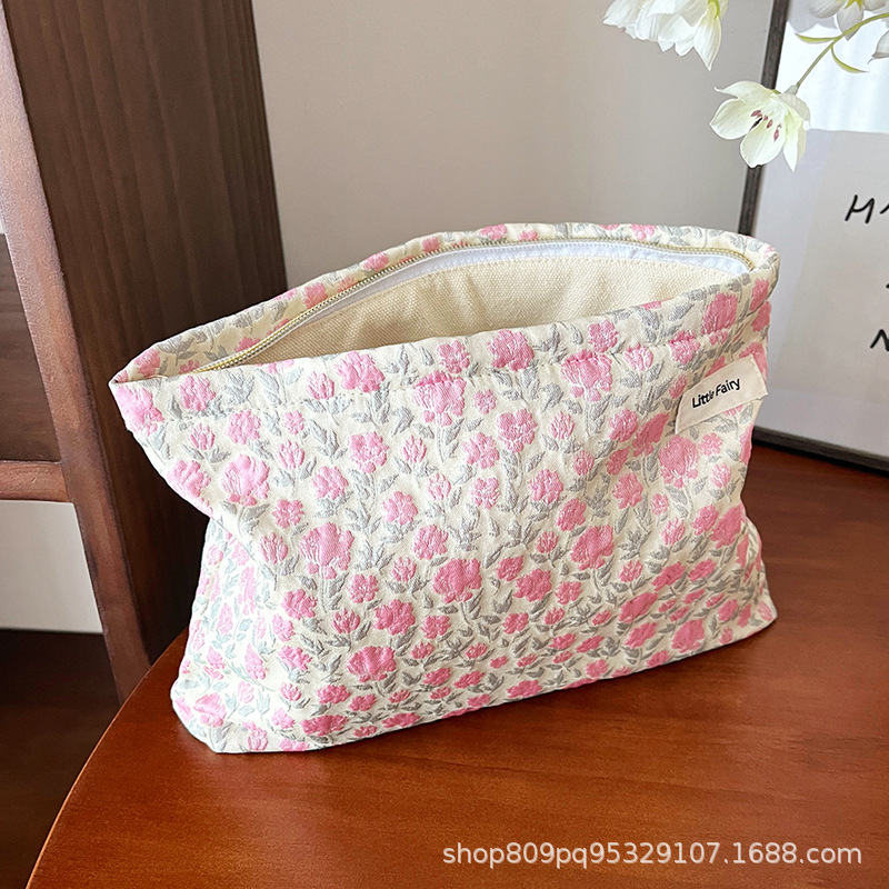 pink small floral makeup bag women's portable large capacity small travel wash liner bag skincare storage bag details Picture