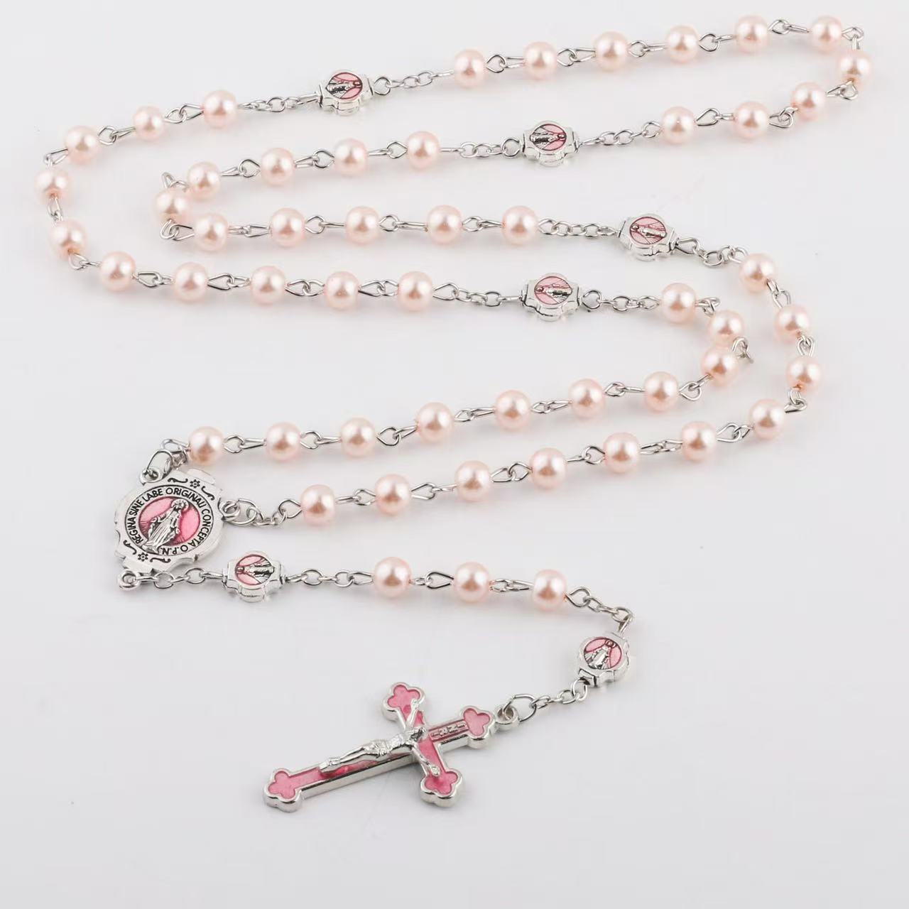 跨境热卖复古滴油兰粉合金十字吊坠毛衣链Rosary Beads串珠项链